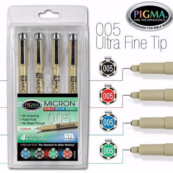 Bible Note Pens, Set of 4 Pigma Micron Ultra-Fine 005 Pens
