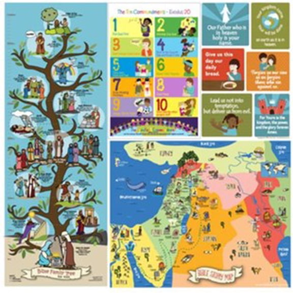 Bible Posters for Kids Set of 4  Educational & Inspirational Includes The Lords Prayer, Ten Commandments, Bible Story Map, & Family Tree Timeline