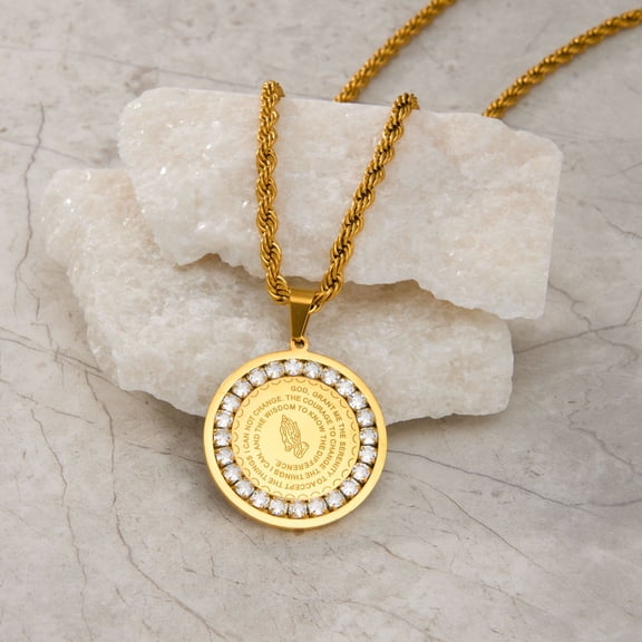 Round Praying Hands Engraved Medallion Pendant Necklace For Men Women, 14K Gold Filled Pious Sentimental Memento Jewelry