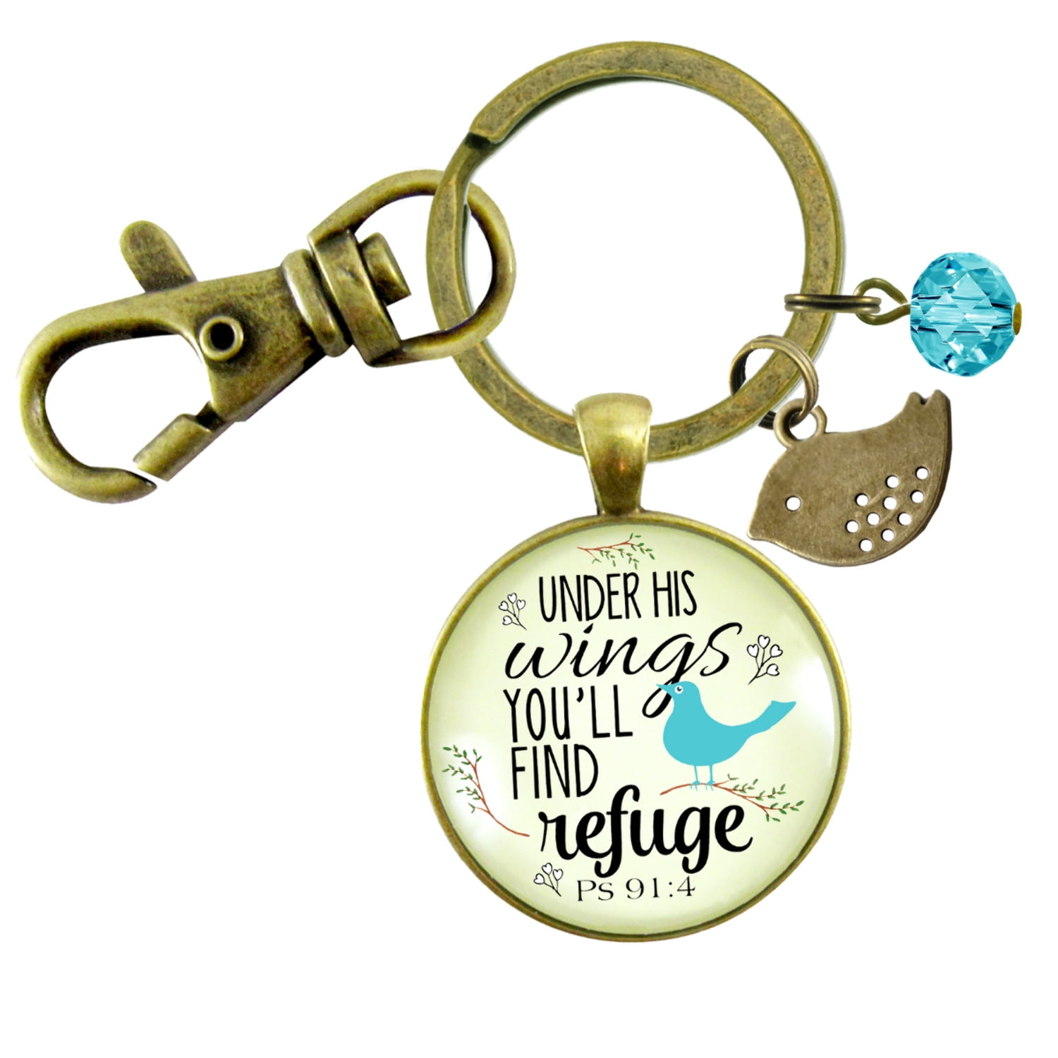 Bible Quote Gutsy Goodness Bronze Keychain Under His Wings Refuge Psalm 91 Promise Jewelry