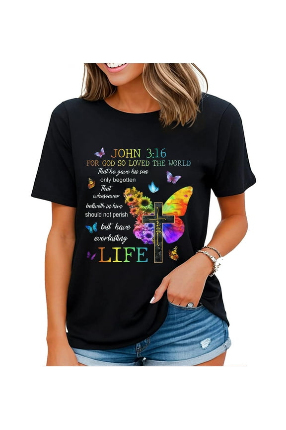 Bible Quotes Inspirational T-Shirt Faith Butterfly Graphic T Shirt for Women Black Large