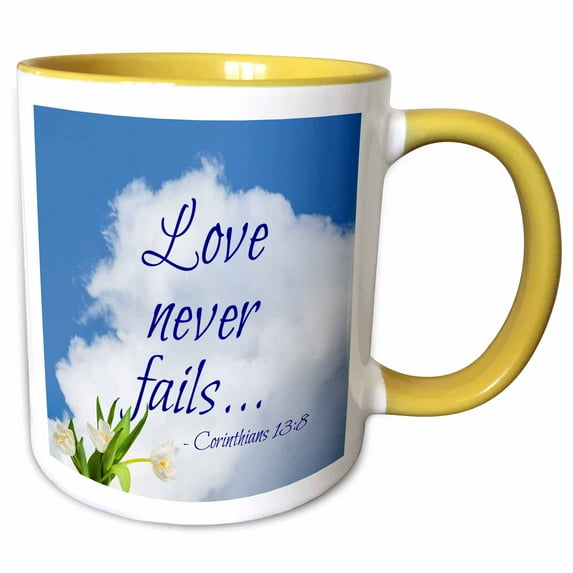 3drose, Bible Quotes - Love Never Fails. White Cloud, Tulips, 15oz Two-tone Yellow Mug