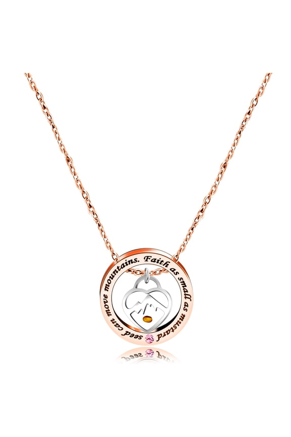 Bible Scripture Lettering Circle Pendant Pink CZ Faith Necklace for Women, Heart Mountain Necklace Mustard Seed Jewelry (Rose Gold, Heart Mountain)