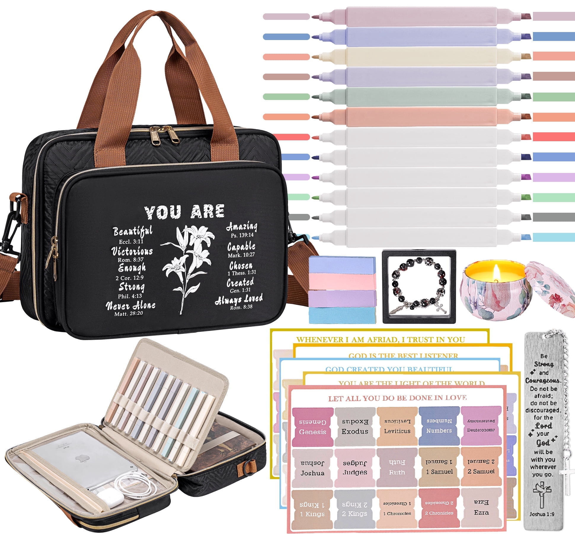 Bible Study Supplies for Women Men Journaling Kit with Carrying Cover Case Bag Tabs Highlighters Christian Catholic Spiritual Gifts Accessories Bulk with Tags Stickers Bracelets Bookmark Sticky Notes