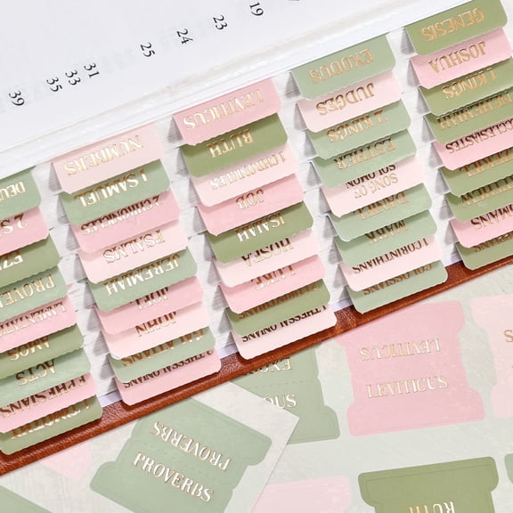 Bible Tabs, 66 Gold Foil Pre-Printed Chapter Labels + 39 Blank Water Lilies Theme Laminated Index Tabs with Alignment Ruler, Bible Journaling Study Supplies for Women & Men, Bible Sticker Accessories