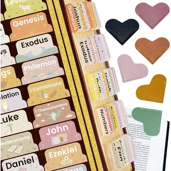 Bible Tabs with Leather Heart Bookmark, Laminated Bible Tabs for Women Men, Christian Gifts, Large Print Bible Tabs for Easy Navigation, Bible Book Index Tabs Labels, Bible Study Supplies, Boho