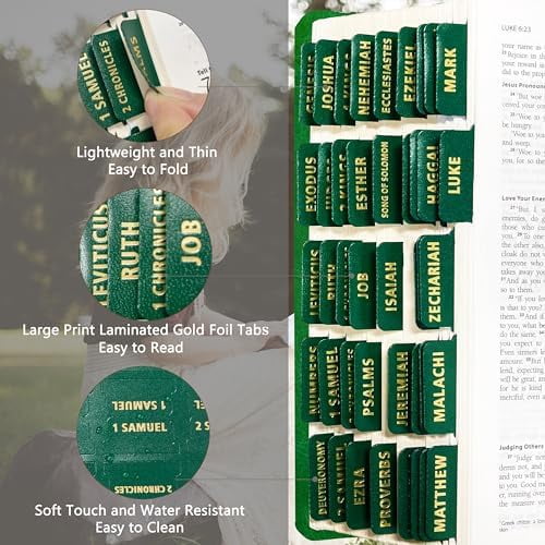 Bible Tabs for Women Men - 80 Large Gold Foil Laminated Green Leather Paper Index Tabs, 66 Old New Testament + 14 Blank Self-Stick Bible Journaling Supplies, Easy to Read & Navigate