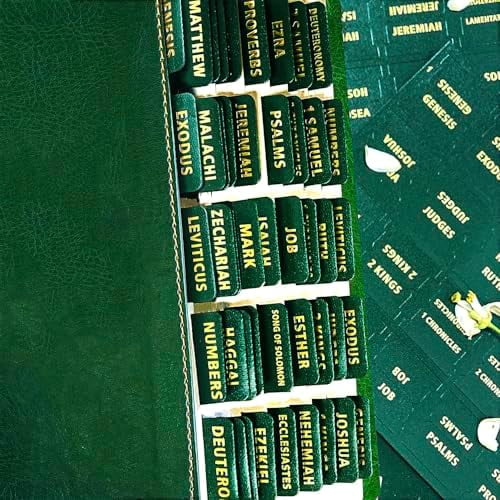 Bible Tabs for Women Men - 80 Large Gold Foil Laminated Green Leather Paper Index Tabs, 66 Old New Testament + 14 Blank Self-Stick Bible Journaling Supplies, Easy to Read & Navigate