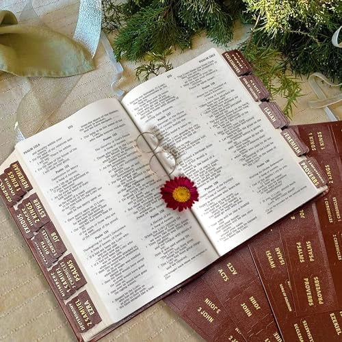 Bible Tabs for Women Men - 80 Large Gold Foil Laminated Leather Paper Bible Study Journaling Supplies, 66 Old New Testament + 14 Blank Self-Stick Index Tabs Easy to Navigate (Brown)