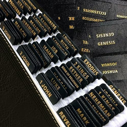 Bible Tabs for Women Men - 80 Large Gold Foil Laminated Leather Paper Tabs, 66 Old New Testament + 14 Blank Self-Stick Bible Study Organizers Easy to Read (Black)