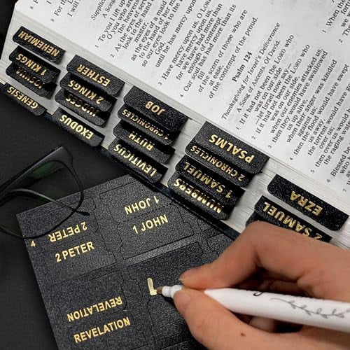 Bible Tabs for Women Men - 80 Large Gold Foil Laminated Leather Paper Tabs, 66 Old New Testament + 14 Blank Self-Stick Bible Study Organizers Easy to Read (Black)