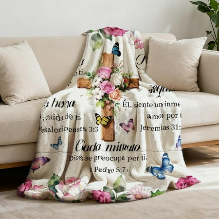 Bible Text Throw 59x51 inch Roses Butterflies Flannel Blanket Flowers Spanish Washable Fuzzy Throw Blanket for Couch Chair Sofa