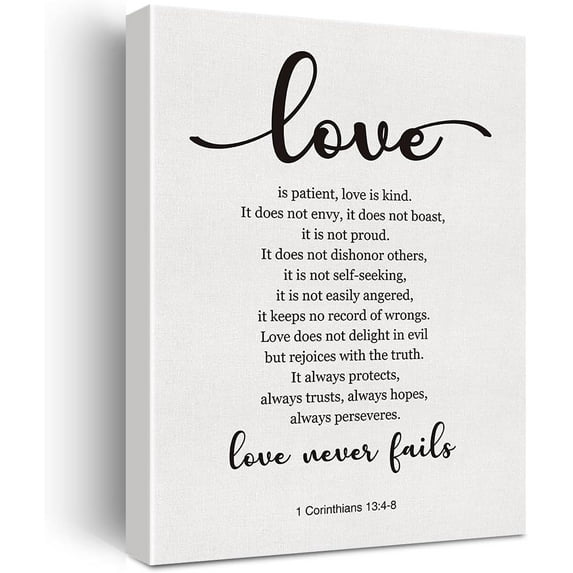 Bible Verse Art Wall Decor 1 Corinthians 13:4-8 Love Never Fails Scripture Canvas Painting Print for Home Living Room Decor Framed Artwork Christian Wedding Gifts(12x15 Inch)