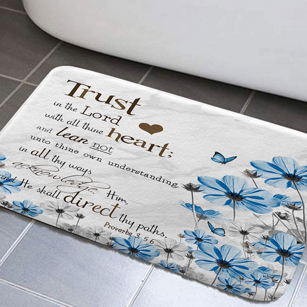 Bible Verse Bathroom Rugs, Blue Floral Daisy Non-Slip Bath Rugs Trust ...