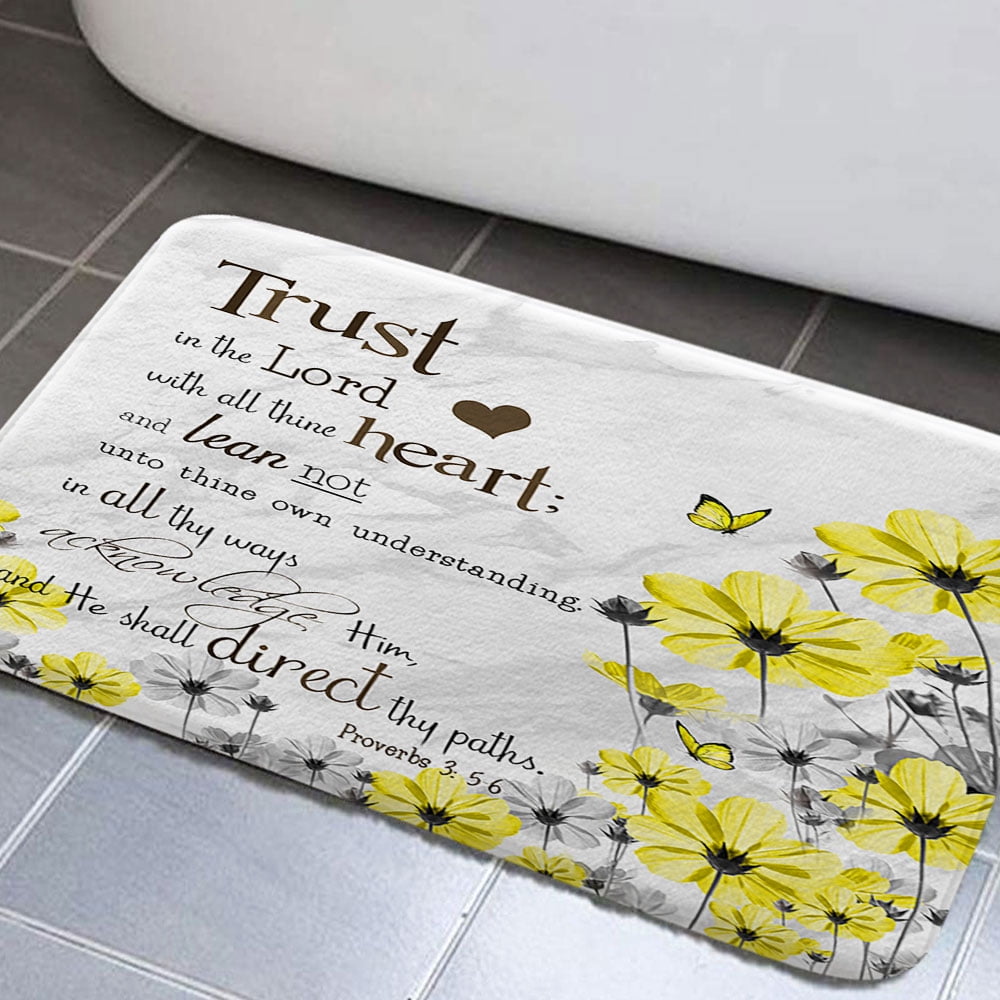 Bible Verse Bathroom Rugs, Yellow Floral Daisy NonSlip Bath Rugs Trust