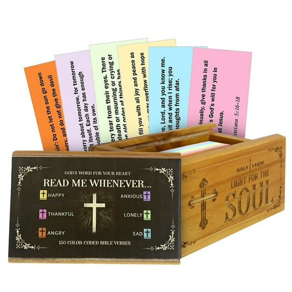 Bible Verse Box (150 Verses), Upgrade Color-Coded Bible Verses in a Jar, Read Me Whenever Bible Verse Cards, Prayer Box for Emotion with Wooden Handheld Pocket Cross, Christian Gift for Women