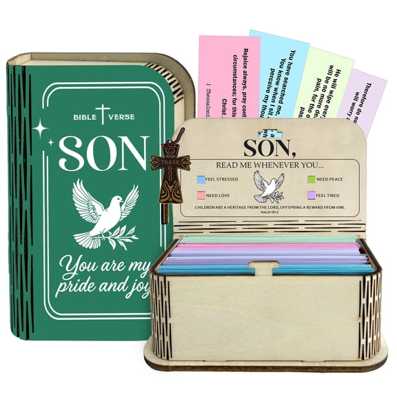 Bible Verse Box for Son – 150 Inspirational Scripture Cards, Plywood Storage Box with Verses for Strength And Peace, Pocket-Sized Cards for Stress Relief, Christian Gift for Son Growth