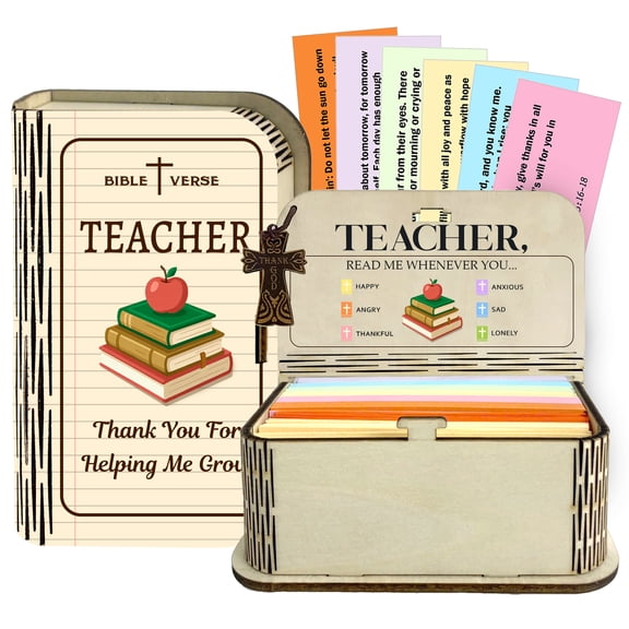 Bible Verse Box for Teacher – 150 Inspirational Scripture Cards, Plywood Storage Box with Verses for Gratitude And Peace, Pocket-Sized Cards for Stress Relief, Christian Gift for Teachers