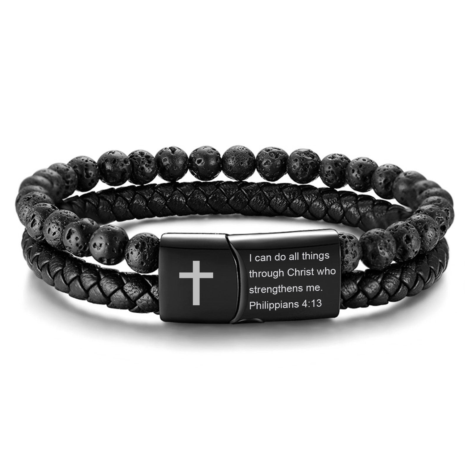 Men's Inspirational Bible Verse Bracelet - Lava Rock & Leather Wristband With Clasp - View #9