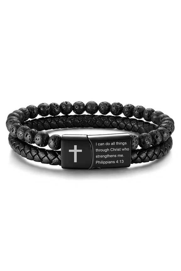 Bible Verse Bracelet for Men, Lava Rock Bead Healing Balancing Braided Leather Wristband, Christian Inspirational Jewelry Gifts (Philippians 4:13)