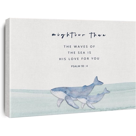 Bible Verse Canvas Print Decor Mightier Than the Waves of the Sea Psalm 93:4 Wall Painting Posters Artwork 12\u201dX15\u201dWatercolor Home Office Decoration (Framed)