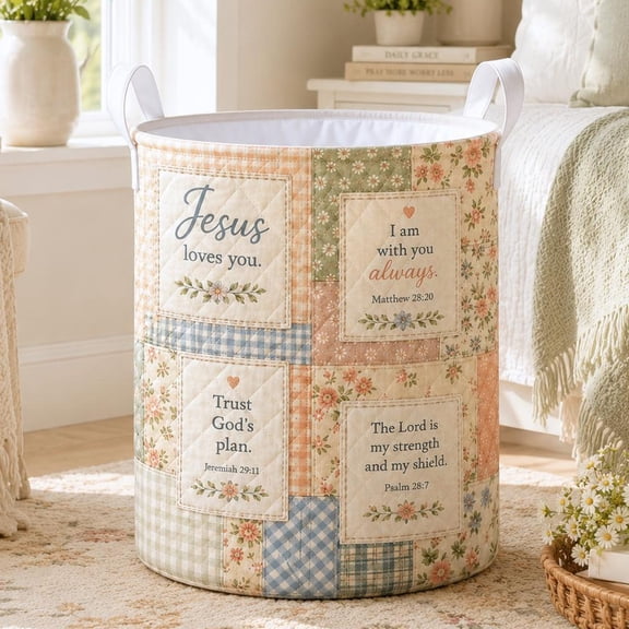 Bible Verse Christian Quilted Laundry Basket, Faith Storage Hamper, Jesus Religious Gift Organizer Decor