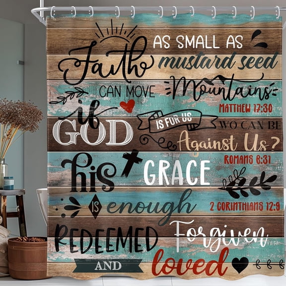Bible Verse Christian Shower Curtain 72Wx72L Inch Rustic Scripture Inspirational Quotes Blue Brown Wooden Plank Artwork Cloth Fabric Waterproof Polyester Bathroom Decor Set with 12 Pack Hook