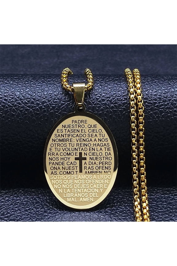 Bible Verse Cross Chain Necklace for Women Men 14K White Gold Spanish Our Father Medal Lord's Prayer Jewelry