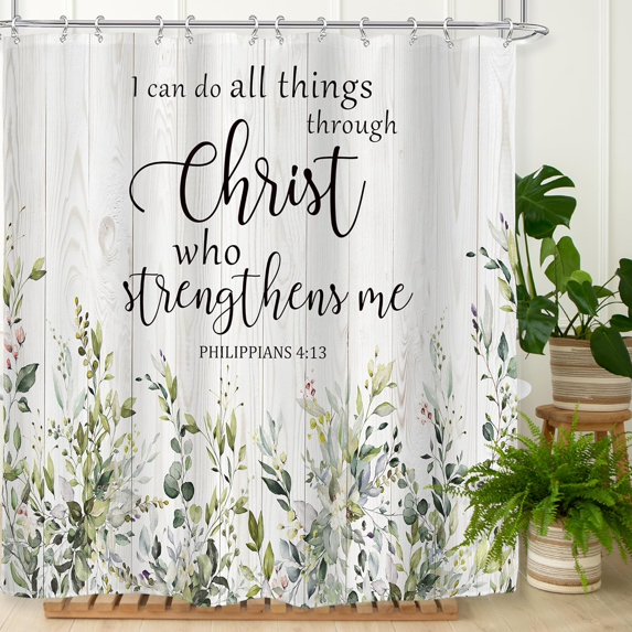 Bible Verse Eucalyptus Shower Curtain Inspirational Quotes Plants Green Leaves Rustic Wooden Board Christian Scriptures Bathroom 72Wx72L Inches Bath Accessories Home Decor Fabric 12 Pack Hooks