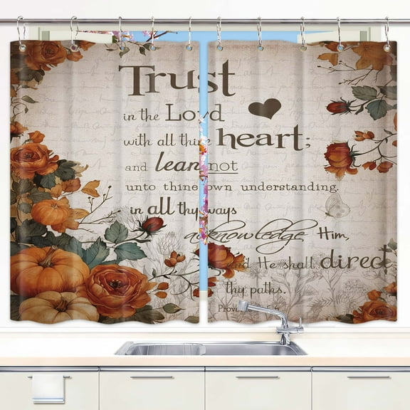 Bible Verse Fall Kitchen Curtains, Christian Scripture Inspirational Quote Autumn Harvest Pumpkin Kitchen Curtains, Thanksgiving Harvest Bedroom Living Room Treatment Set with Hooks, 55X39 Inches