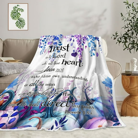 Bible Verse Fall Throw Blanket, Autumn Thanksgiving Harvest Purple Pumpkins Inspirational Quotes Trust in The Lord Warm and Cozy Fleece Throw Blanket for Bed, Couch, Travel Camping Decor