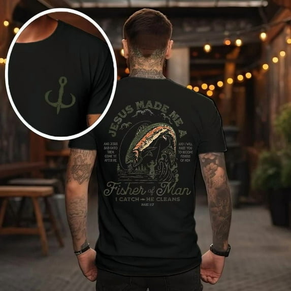 Bible Verse Christian Fishing Pattern Tops for Mens Funny Fishers Graphic Tees Short Sleeve Tshirts Black,S
