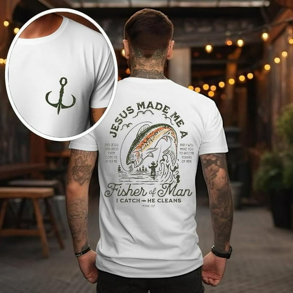 Bible Verse Fishers of Mens Pattern Tops Christian Fishing Graphic Tees Short Sleeve Casual T-shirts White,XL