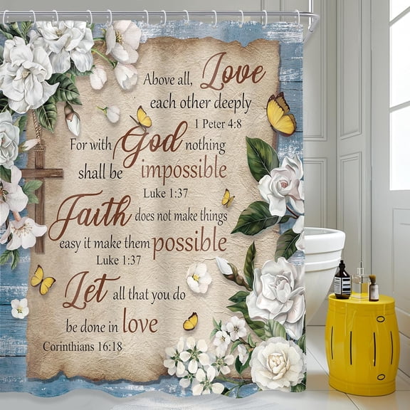 Bible Verse Floral Shower Curtain Christian Scriptures White Flower Inspirational Quote Rustic Plant Artwork Cloth Fabric Waterproof Polyester Bathroom Decor Set with Hooks-60"W x 72"L (Pack of 1)