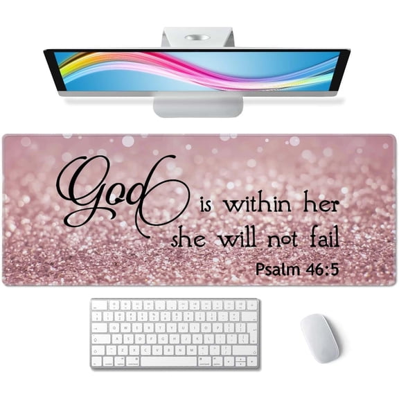 Bible Verse Gaming Mouse Pad Large, Keyboard Mouse Mat Desk Pad, Non-Slip Rubber Base with Stitched Edges Mousepad, 31.5X11.8 inch - Psalm 46:5 God is Within Her,She Will not Fall