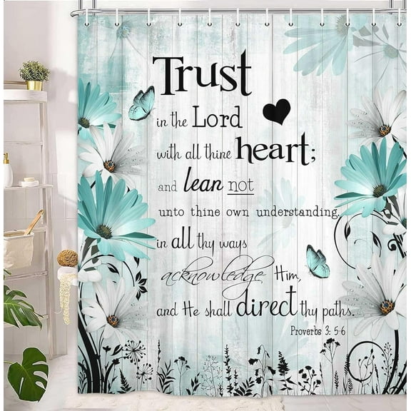 Bible Verse Inspirational Quote Green Floral Daisy Trust in The Lord Waterproof Fabric Shower Curtain, Rustic Farmhouse Butterfly Bathroom Shower Curtain with 12PCS Hooks, 60X70IN
