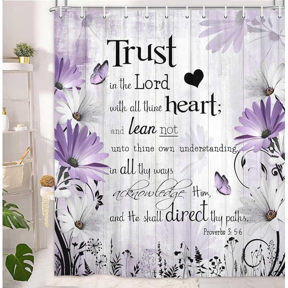 Bible Verse Inspirational Quote Shower Curtain, Purple Floral Daisy Trust in The Lord Waterproof Fabric Shower Curtain, Rustic Farmhouse Butterfly Bathroom Shower Curtain with 12PCS Hooks, 72x84IN