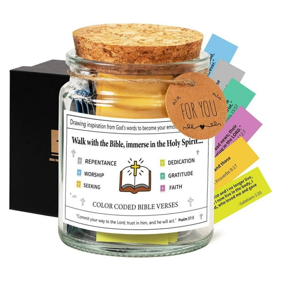 Bible Verse Jar, 50 Inspirational Scripture Quotes on Wooden Sticks, Christian Gift of Encouragement, Devotional Tool for Comfort Prayer Meditation, Glass Jar with Lid, Piety Gift