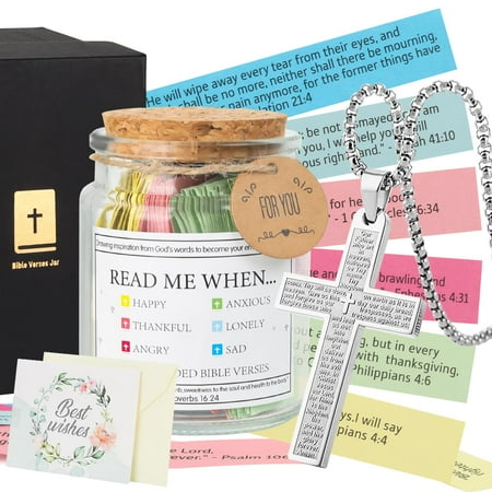 Bible Verse Jar, Read Me When Bible Verses Jar with Cross Necklace Greeting Card for Emotions and Feelings, The Hope Jar Bible Verses with Color Coded Bible Verses Jar, Christian Gifts for Women Men