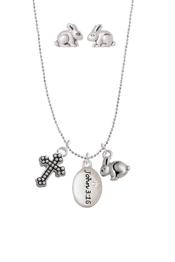 Bible Verse John 3:16 Silver Tone Cross and Bunny Necklace and Earrings Set