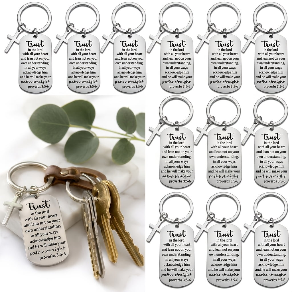 Bible Verse Keychains Bulk, 12 Pcs Stainless Steel Inspirational Key Rings with Cross Charms Engraved Proverbs 3:5-6, Christian Faith Gifts for Baptism Easter Christmas Religious Party Favors