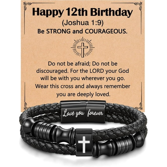 Bible Verse Leather Cross Bracelet Joshua 1:9 Christian Birthday Gift for Teenage Boys