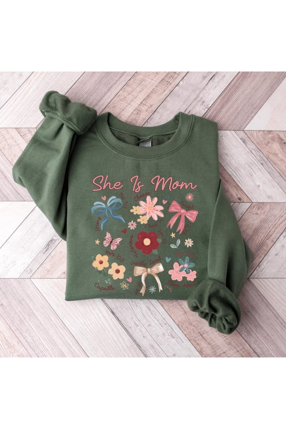 Bible Verse Mom Sweatshirt, She Is Mom Faith-Based Pullover, Religious Mother's Day Sweater for Blessed Mamas Tshirt All Size S-5XL