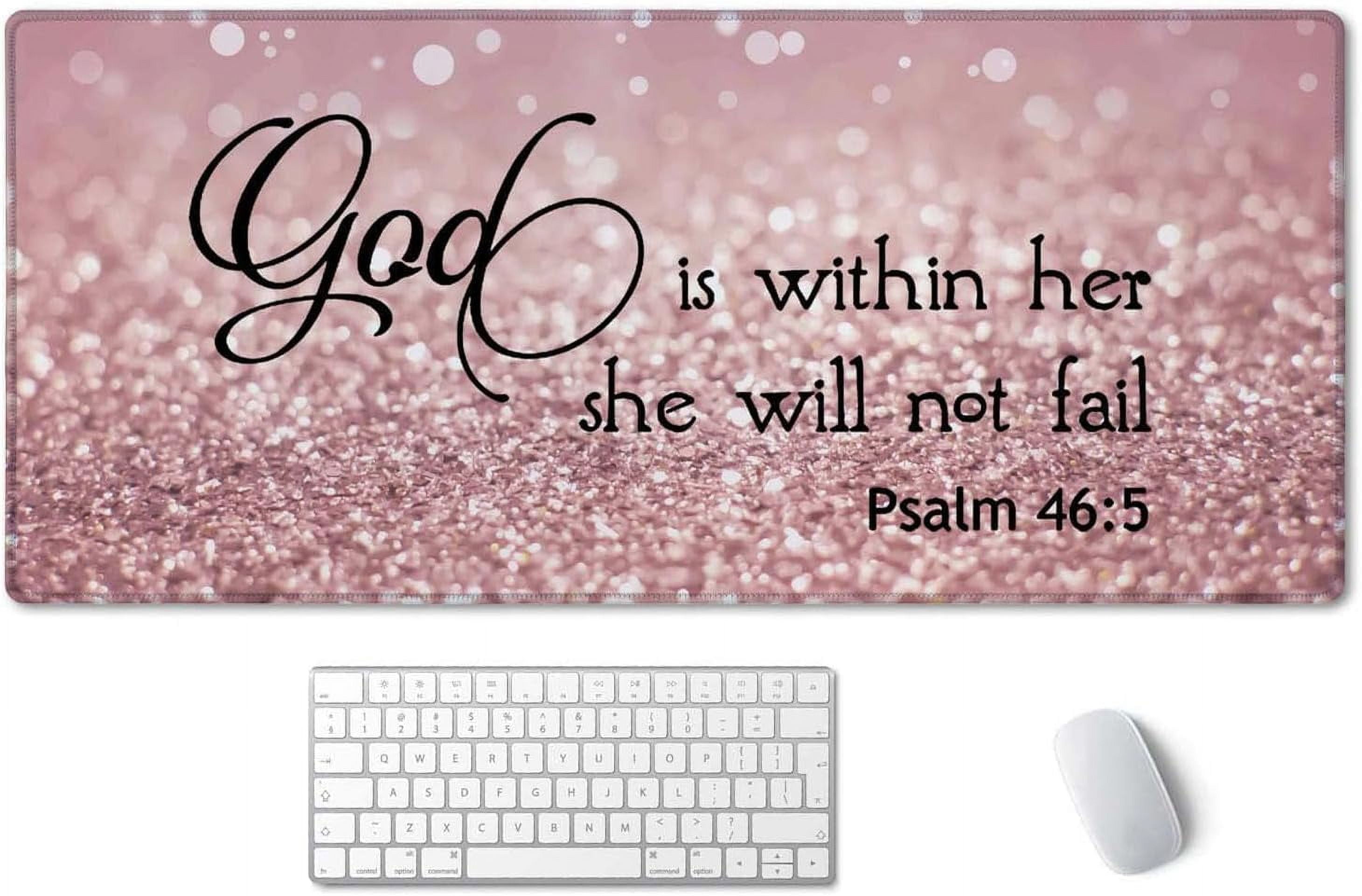 Bible Verse Mouse Pad 35.4 x 15.7 Inch XXL Full Desk Mousepad Extended Large Non-Slip Rubber Base Waterproof Big Keyboard Mat with Stitched Edges - PSALM 46:5 God is Within Her,She Will not Fall