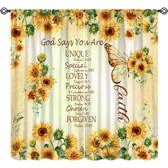 Bible Verse Quotes Sunflower Curtain for Kids, Vintage Christian Scripture Window Treatments Butterfly Spring Summer Flower Drapes for Girls Women Bedroom Living Room W42xL54in