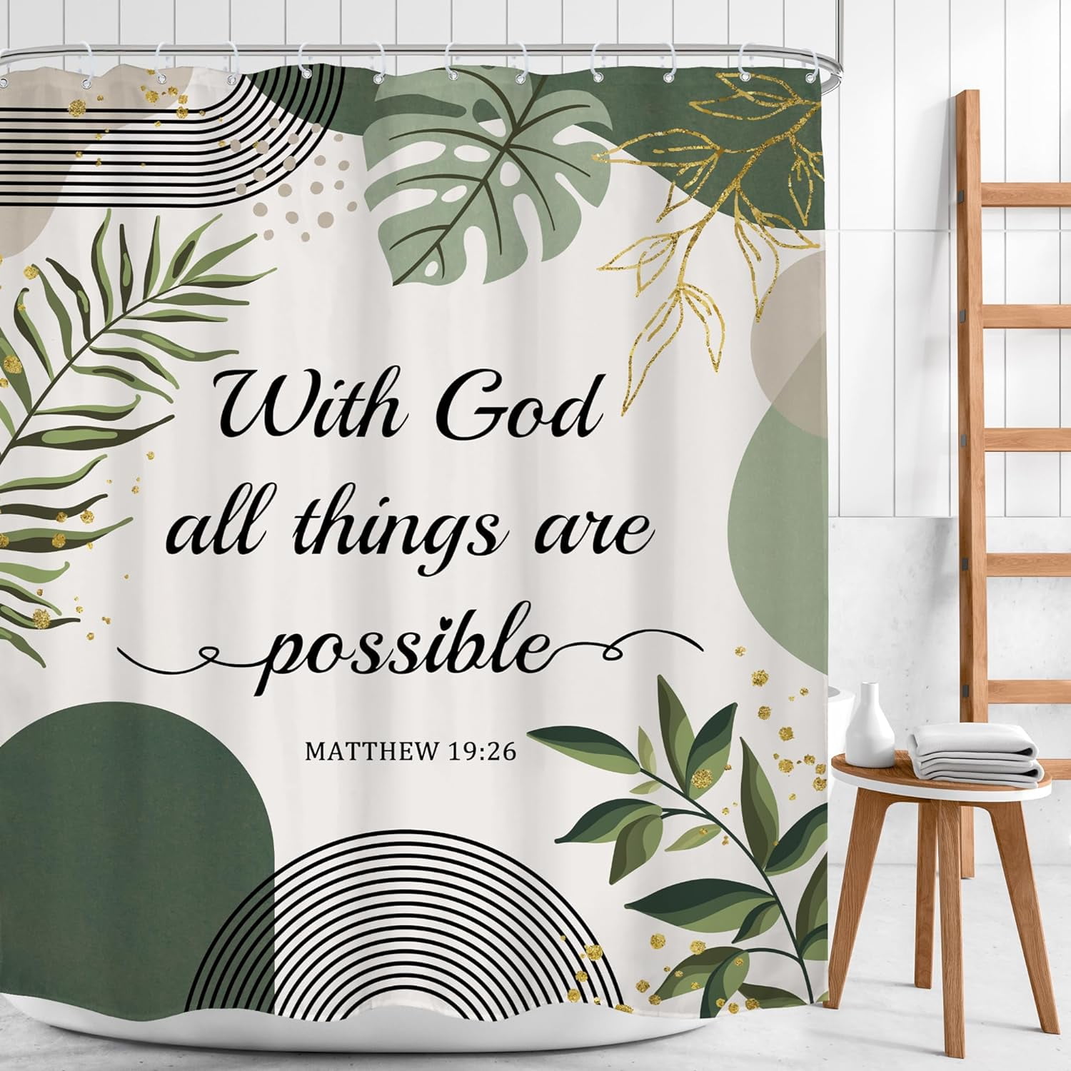 Bible Verse Scriptures Christian Shower Curtain Sage Green Boho Mid