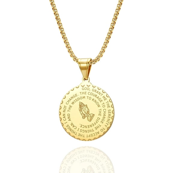 Bible Verse Serenity Prayer Necklace Christian Jewelry Stainless Steel Coin Medal Our Father Lord's Prayer Necklace Prayer Hands Coin Medal Pendant with 24in Rope Chain