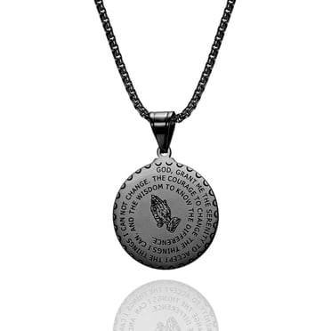 Mens Silver Bible Verse Dog Tag Cross Pendant Necklace – Lord's Prayer Design – 24 Inch Chain