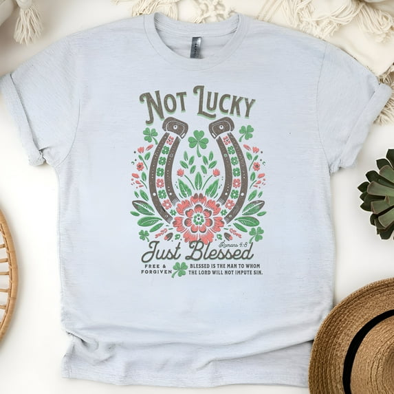 Bible Verse Shirt with Horseshoe and Flowers – Blessed Not Lucky Tee, Ash, Size M
