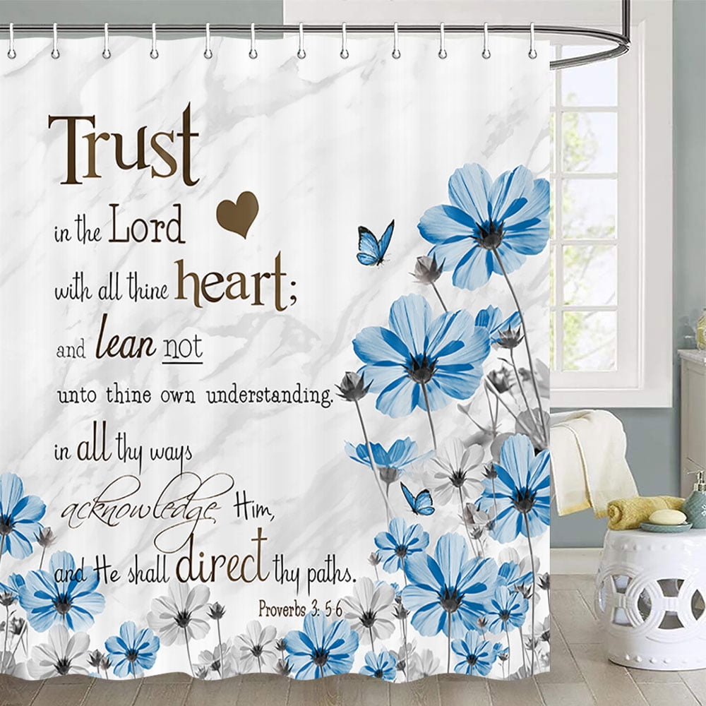 Bible Verse Shower Curtain Blue Floral Daisy Shower Curtain Trust In